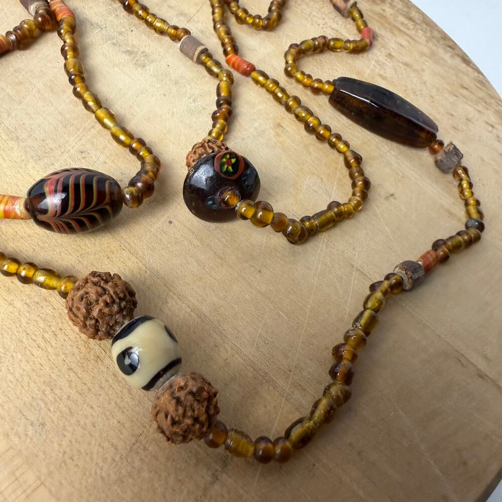 VTG 70s Spiritual Harmony Beaded Necklace Rudraksha Dzi Eye Gold Lined Glass 60"